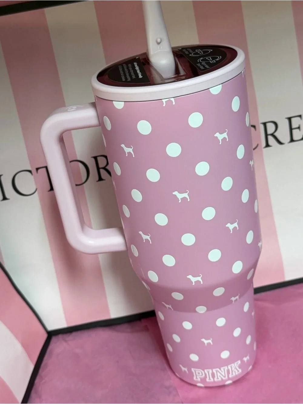 PINK Victoria's Secret Pink Polka Dot Travel Tumbler with Handle and Straw
